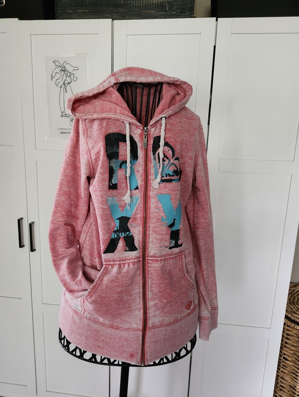 Roxy Pink Zip-Up Washed Look Hoodie with Blue Graphic Sz L